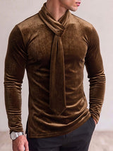 Men's Avant-Garde Early Autumn Velour Built-in Scarf Muscle Slim Long Sleeve Tie Neck T-shirt SKUL81739