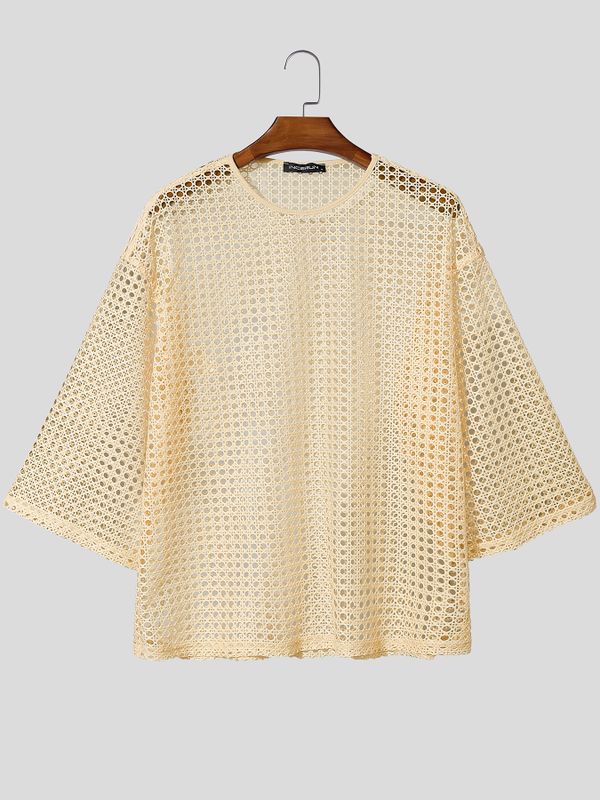 Men's Festival Fashion Crochet Hollow Out Oversized Dropped Shoulder Half Sleeve T-shirt SKUL55346