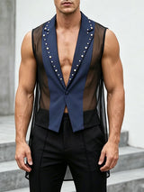 Men's Avant-Garde Studded Lapel Sheer Mesh High-Low Tuxedo Blazer SKUL63810
