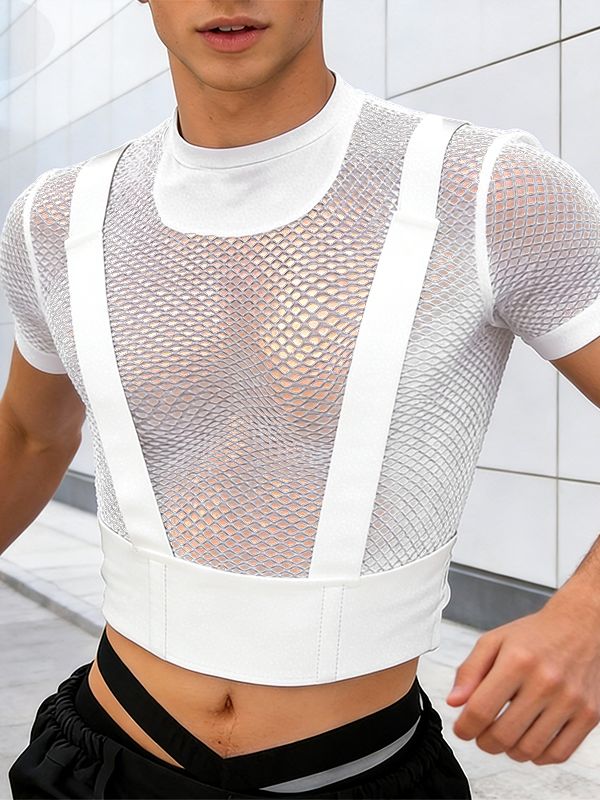 Men's Avant-Garde Sheer Mesh Harness-Detail Cropped Short Sleeve T-shirt SKUL57685