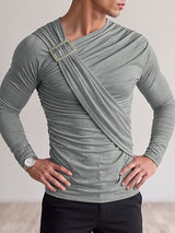 Men's High Street Urban Casual Shirred Wrap Metal Accent Long Sleeve Slash Neck T-shirt SKUL81733