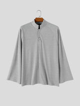 Men's Clean Fit Resort Wide Flared Sleeve Slit Henley Placket Long Sleeve Mandarin Collar T-shirt SKUL81833