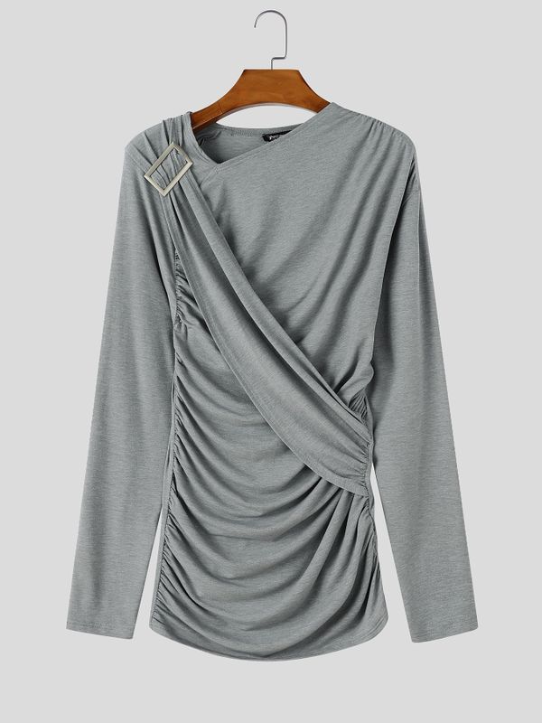 Men's High Street Urban Casual Shirred Wrap Metal Accent Long Sleeve Slash Neck T-shirt SKUL81733