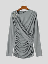 Men's High Street Urban Casual Shirred Wrap Metal Accent Long Sleeve Slash Neck T-shirt SKUL81733