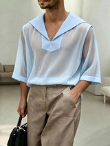 Men's Avant-Garde Sheer Sailor Collar V-Neck Mesh Textured Shirt SKUL60201