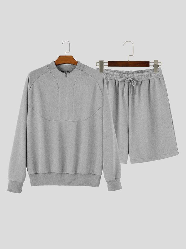 Men's Clean-Fit Minimalist City Walk Half-Zip Stand Collar Two Pieces Outfit SKUL84616