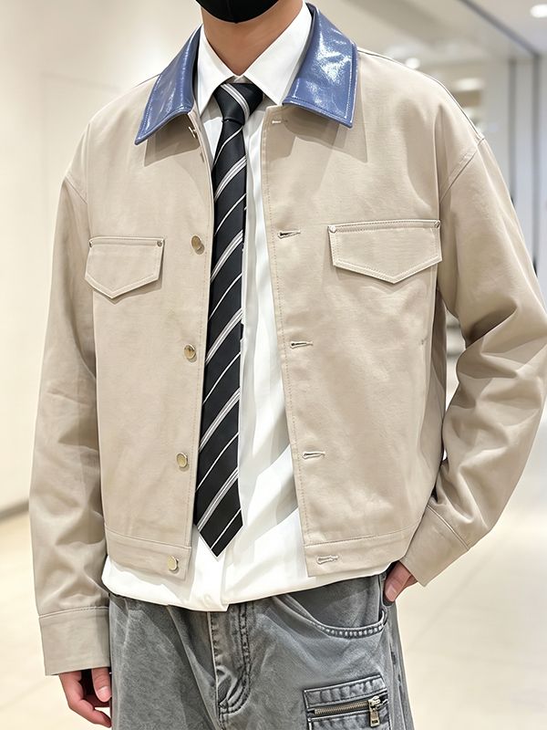 Men's Retro Workwear Daily Commute Contrast Leather Collar Flap Pocket Cropped Jacket SKUL84769