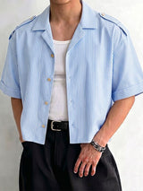 Men's Casual Holiday Striped Epaulet Crop Short Sleeve Shirt SKUL76409