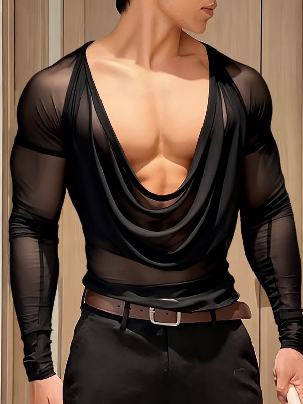 Men's Sheer Mesh Cowl Neck Long Sleeve T-shirt SKUL41054