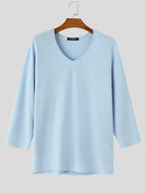 Men's Casual Horizontal Pleated Texture V-Neck Dropped Shoulder Loose Long Sleeve T-shirt SKUL72647