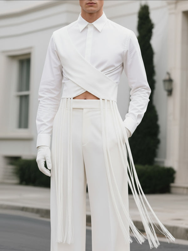 Men's Tassel Patchwork Twist Tie Long Sleeve Shirt SKUL37907