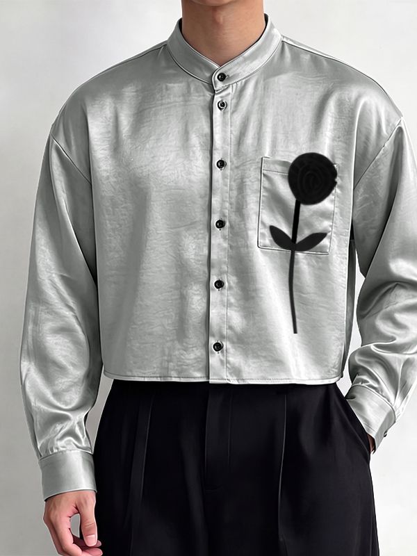 Men's Avant-Garde Gallery 3D Black Rose Applique Silky Satin Waist Length Long Sleeve Mandarin Collar Cropped Shirt SKUL82420