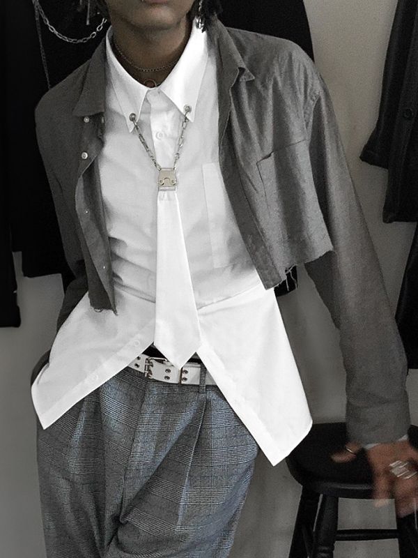 Men's Deconstructed Metal Buckle Tie Long Sleeve Shirt SKUL42420