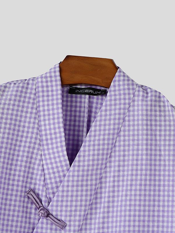 Men's Asymmetric Placket Plaid Frog Button Half Sleeve Cardigan SKUL62020