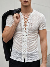 Men's Polka Dot Sheer Drawstring Tie Short Sleeve T-shirt SKUL57646