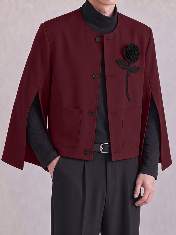 Men's Avant-Garde Chic Evening Gala 3D Rose Flower Slit Cape Sleeve Collarless Blazer SKUL86007
