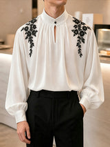Men's Retro Contrast Floral Embroidery Keyhole Cutout Bishop Long Sleeve Stand Collar Shirt SKUL81112