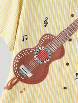 Men's Vintage Striped Guitar Print Turn Down Collar Dropped Shoulder Short Sleeve Shirt SKUL74461