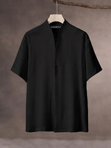 Men's Retro Beach Vacation Crinkle Textured Back Pleat Drop Shoulder Short Sleeve V-Neck Shirt SKUL85134