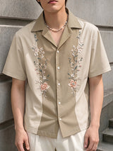 Men's American Vintage Floral Print Color-Block Short Sleeve Shirt SKUL72580