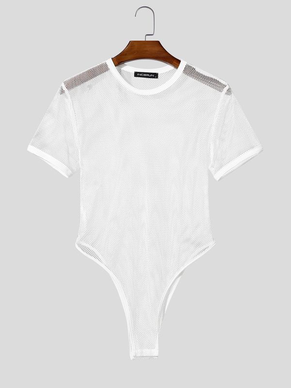 Men's Avant-Garde Sheer Fishnet High-Cut V-Hem Bodysuit SKUL62119