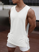 Men's Casual Streetwear Textured Open Side Split Tie Up Sleeveless Tank SKUL63644