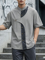 Men's Avant-Garde Asymmetrical Curved Contrast Placket Pinstripe Shirt SKUL64198
