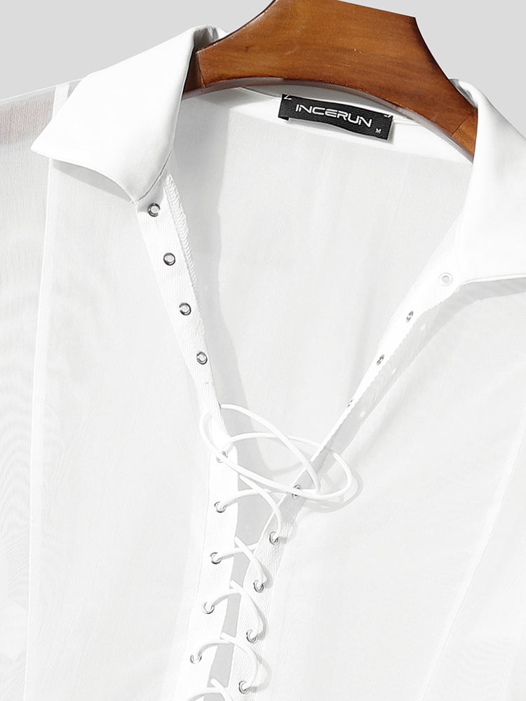 Men's Sheer Mesh Drawstring Eyelet Cropped Long Sleeve T-shirt SKUL45419