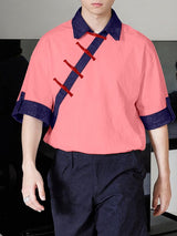 Men's Vintage Preppy Asymmetric Frog Button Lapel Short Sleeve Shirt SKUL61899