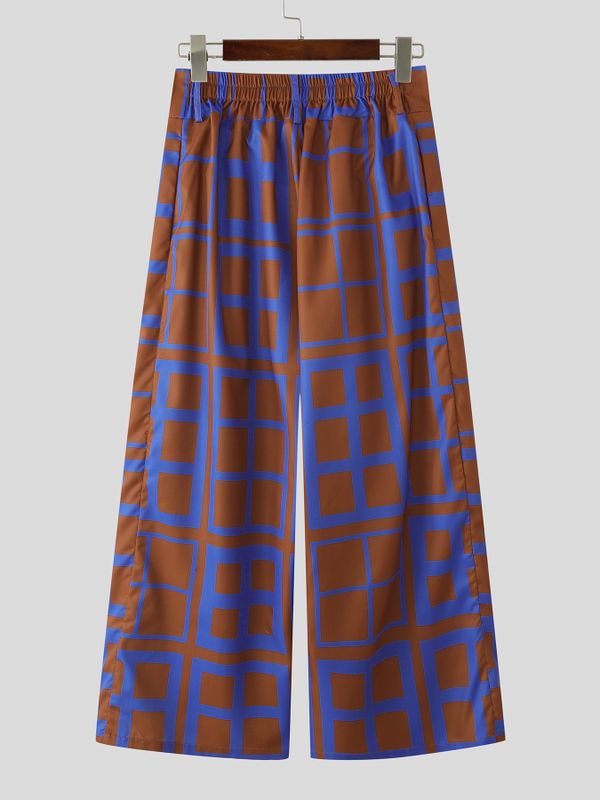 Men's Avant-Garde Graphic Grid Pattern High-Waisted Wide-Leg Pant SKUL61663