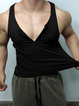 Men's Gym Bodybuilding Ribbed Textured Half Zipper Deep V-Neck Tank SKUL65389