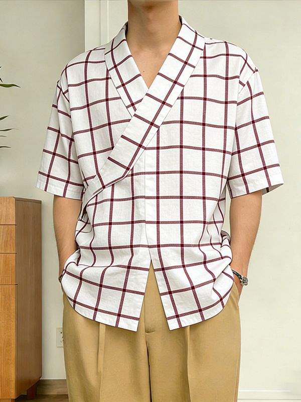 Men's Asymmetric Placket Plaid Frog Button Half Sleeve Shirt SKUL61924
