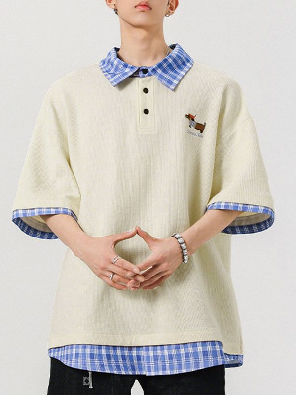 Men's Vintage Preppy Faux Twinset Contrast Plaid Collar Cute Animal Embroidered Polo Shirt SKUL68994