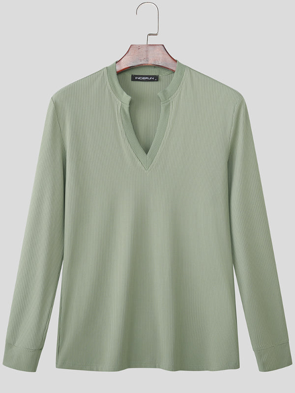 Men's Solid Color Knit Ribbed Long Sleeve T-Shirt SKUL28252