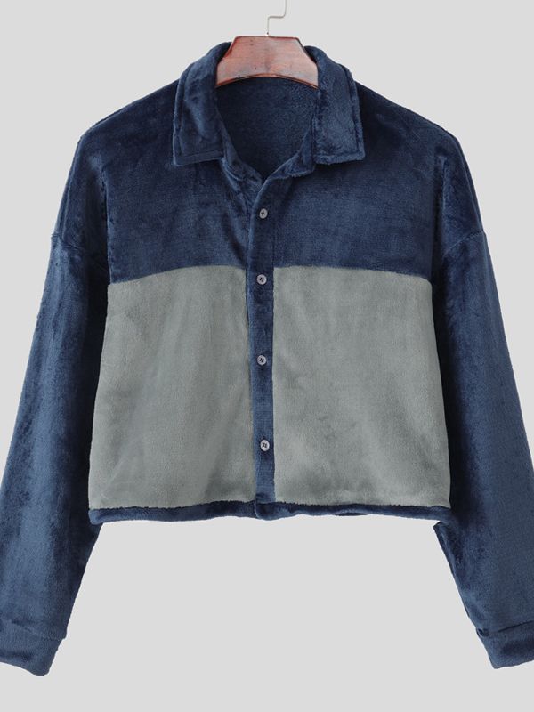 Men's Plush Color Block Long Sleeve Shirt SKUL40161