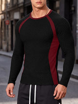 Men's Athletic Gym 3D Honeycomb Textured Contrast Color Block Muscle Fit Raglan Long Sleeve Crew Neck T-shirt SKUL83434