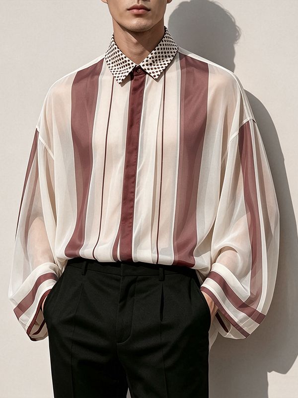 Men's Retro Early Autumn Sheer Stripe Contrast Polka Dot Lantern Long Sleeve Lapel Collar Shirt SKUL77321