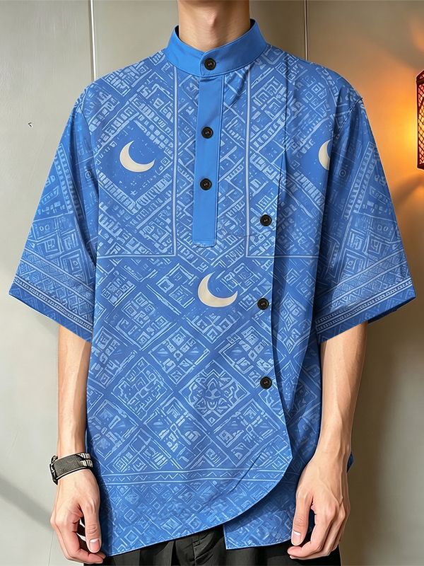 Men's Crescent Moon Geometric Print Asymmetric Placket Short Sleeve Shirt SKUL61012