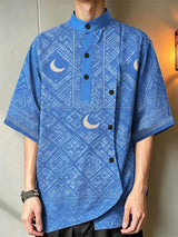 Men's Crescent Moon Geometric Print Asymmetric Placket Short Sleeve Shirt SKUL61012