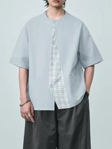 Men's Plaid Detail Collarless Short Sleeve Shirt SKUL54067
