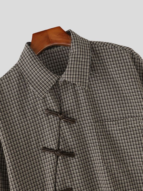 Men's Neo-Chinese Avant-Garde Asymmetrical Frog-Button Micro-Plaid Shirt SKUL77514