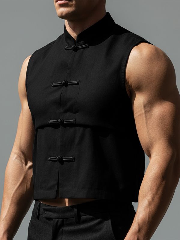 Men's New Chinese Style Mandarin Collar Frog Button Cropped Waistcoat SKUL57696