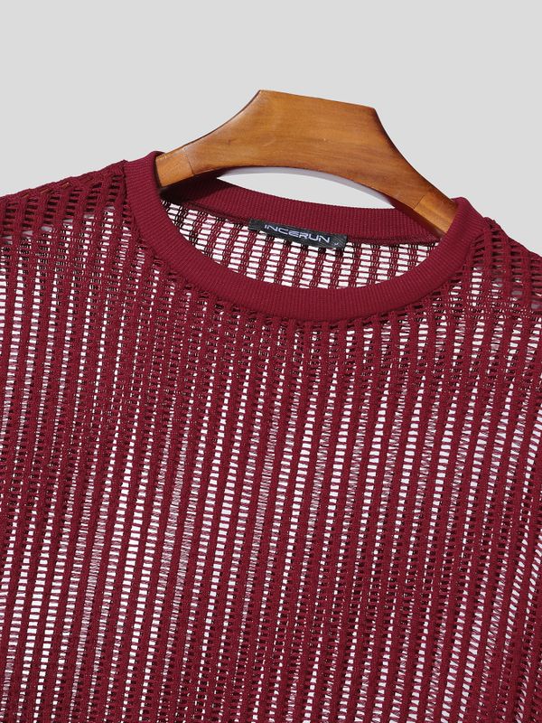 Men's Knit Hollow Out Loose Half Sleeve T-shirt SKUL54593
