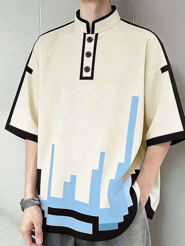 Men's Cyberpunk Pixel Art Style Pixel Graphic Print Mock Neck Button Short Sleeve T-shirt SKUL60730