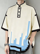 Men's Cyberpunk Pixel Art Style Pixel Graphic Print Mock Neck Button Short Sleeve T-shirt SKUL60730