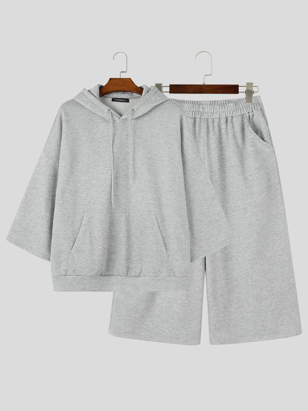 Men's Clean Fit Urban Casual Drop Shoulder Kangaroo Pocket Half Sleeve Two Pieces Outfit SKUL83947