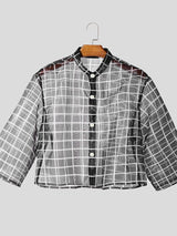 Men's Avant-Garde Sheer Organza Plaid Stand Collar Cropped 3/4 Sleeve Shirt SKUL63171