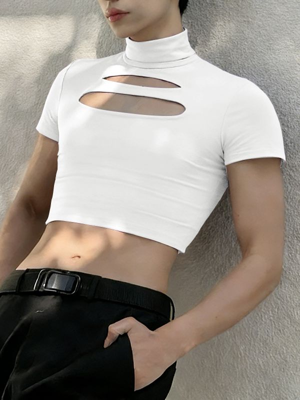 Men's Streetwear Slim Fit Chest Cut Out Mock Neck Cropped T-shirt SKUL51882