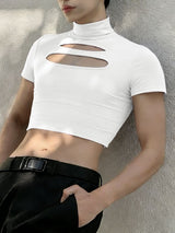 Men's Streetwear Slim Fit Chest Cut Out Mock Neck Cropped T-shirt SKUL51882