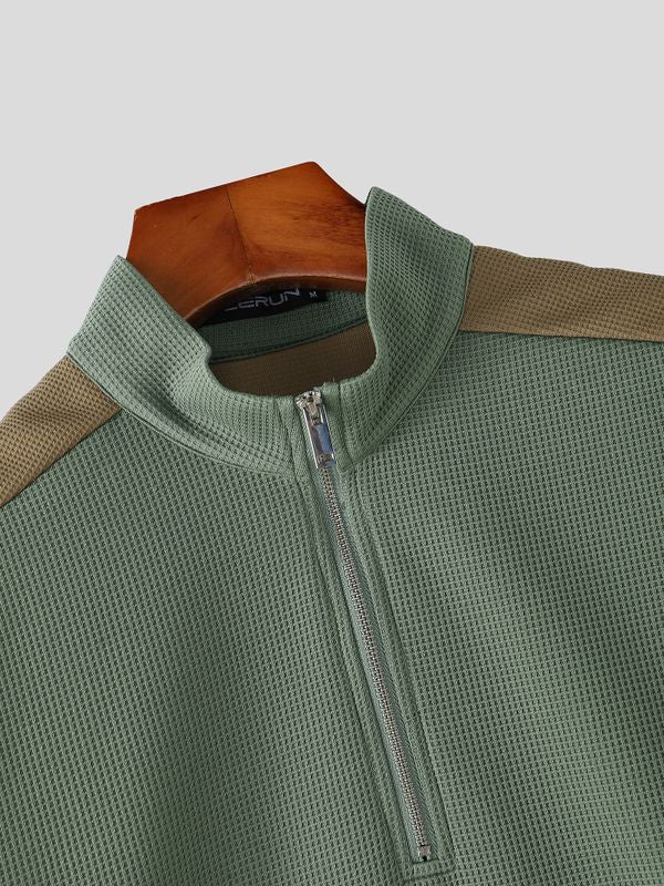 Men's Tactical Techwear Color-Block Half-Zip Stand Collar Waffle Knit Short Sleeve T-shirt SKUL73227